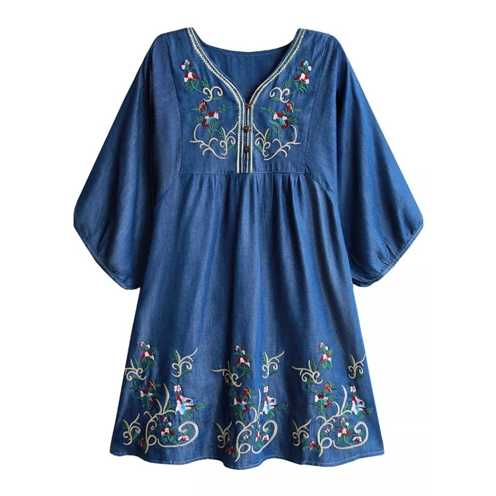 Futurino Bohemian Embroidered Floral Tunic Dress